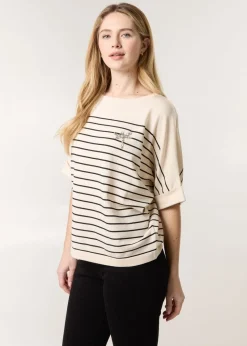 Blue Vanilla Stone Horizontal Striped Top With Brooch