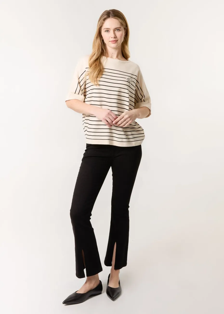 Blue Vanilla Stone Horizontal Striped Top With Brooch