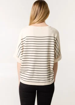 Blue Vanilla Stone Horizontal Striped Top With Brooch