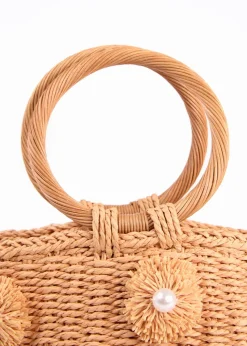 Blue Vanilla Stone Pearl Pompom Mini Woven Handbag