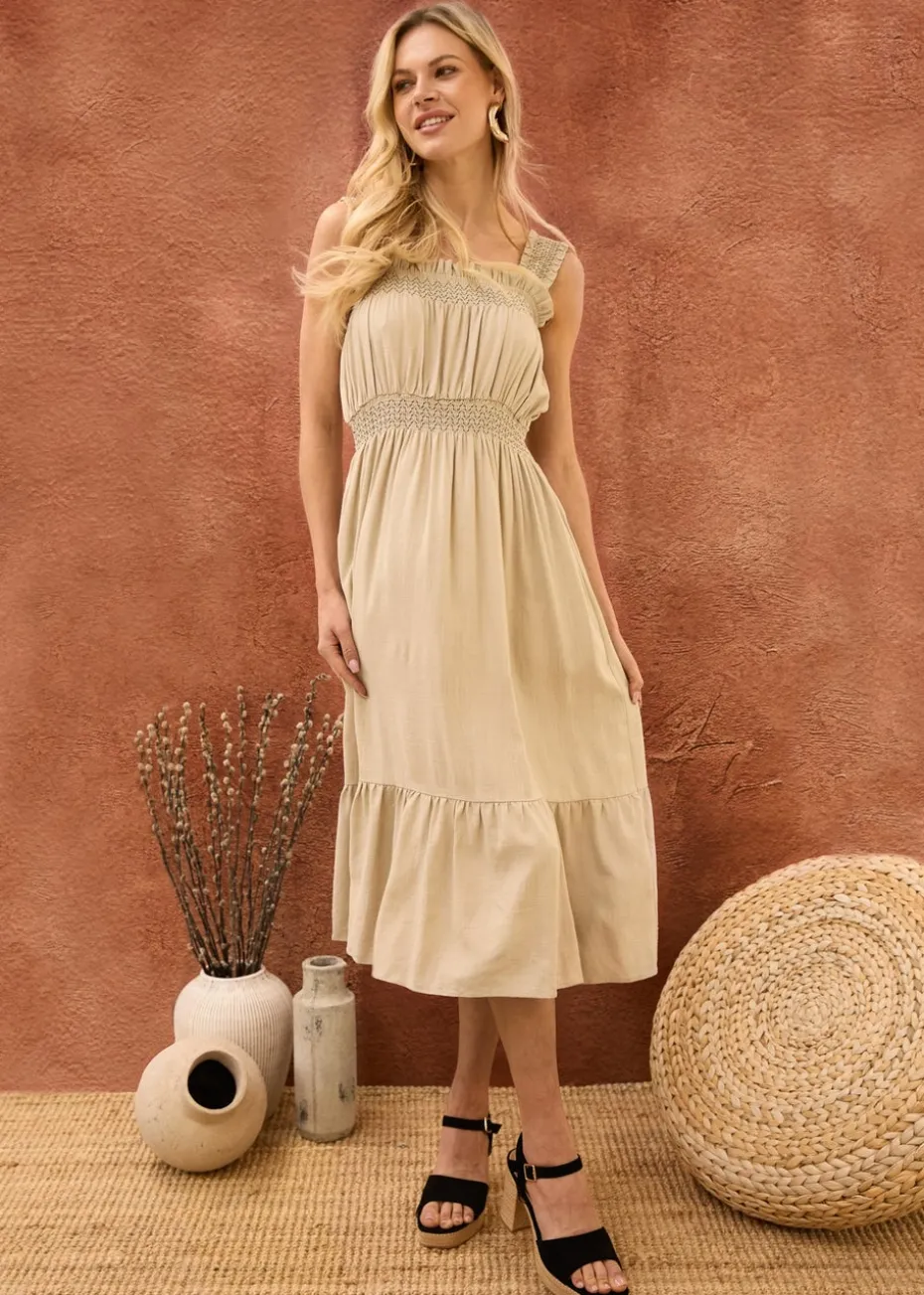 Blue Vanilla Stone Shirred Detail Midi Dress