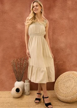 Blue Vanilla Stone Shirred Detail Midi Dress