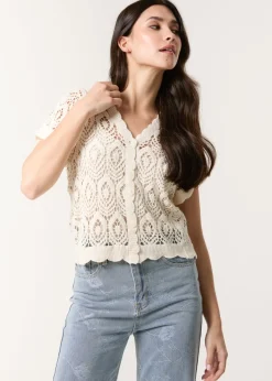 Blue Vanilla Stone Short Sleeved Button Crotchet Top