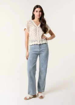 Blue Vanilla Stone Short Sleeved Button Crotchet Top