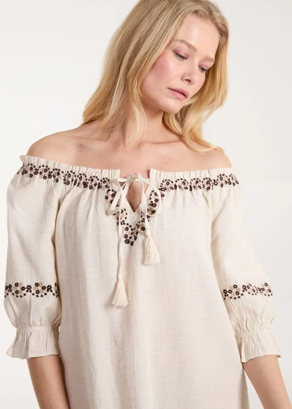 Blue Vanilla Stone Sleeve Embroidered Tunic Dress