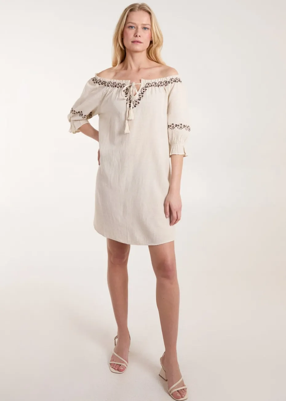 Blue Vanilla Stone Sleeve Embroidered Tunic Dress