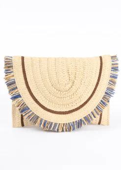Blue Vanilla Stone Woven Fringe Detail Clutch Bag With Attachable Strap