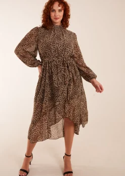 Blue Vanilla Tan Curve Leopard Print High Neck Wrap Midi Dress