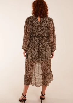 Blue Vanilla Tan Curve Leopard Print High Neck Wrap Midi Dress