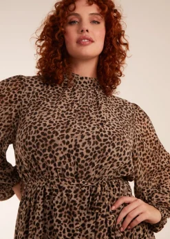 Blue Vanilla Tan Curve Leopard Print High Neck Wrap Midi Dress