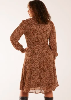 Blue Vanilla Tan Long Sleeve Shirring Cuff Swing Dress