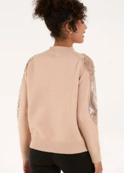 Blue Vanilla Taupe Embroidered Shoulder Knit Jumper