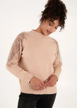 Blue Vanilla Taupe Embroidered Shoulder Knit Jumper