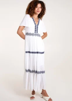 Blue Vanilla White Embroidered Tiered Maxi Dress