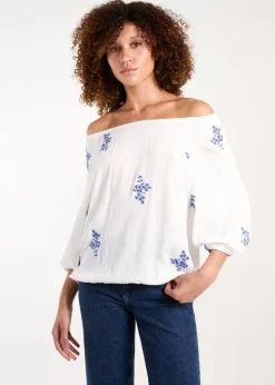 Blue Vanilla White Embroidered Puffball Top