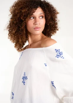 Blue Vanilla White Embroidered Puffball Top