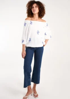Blue Vanilla White Embroidered Puffball Top