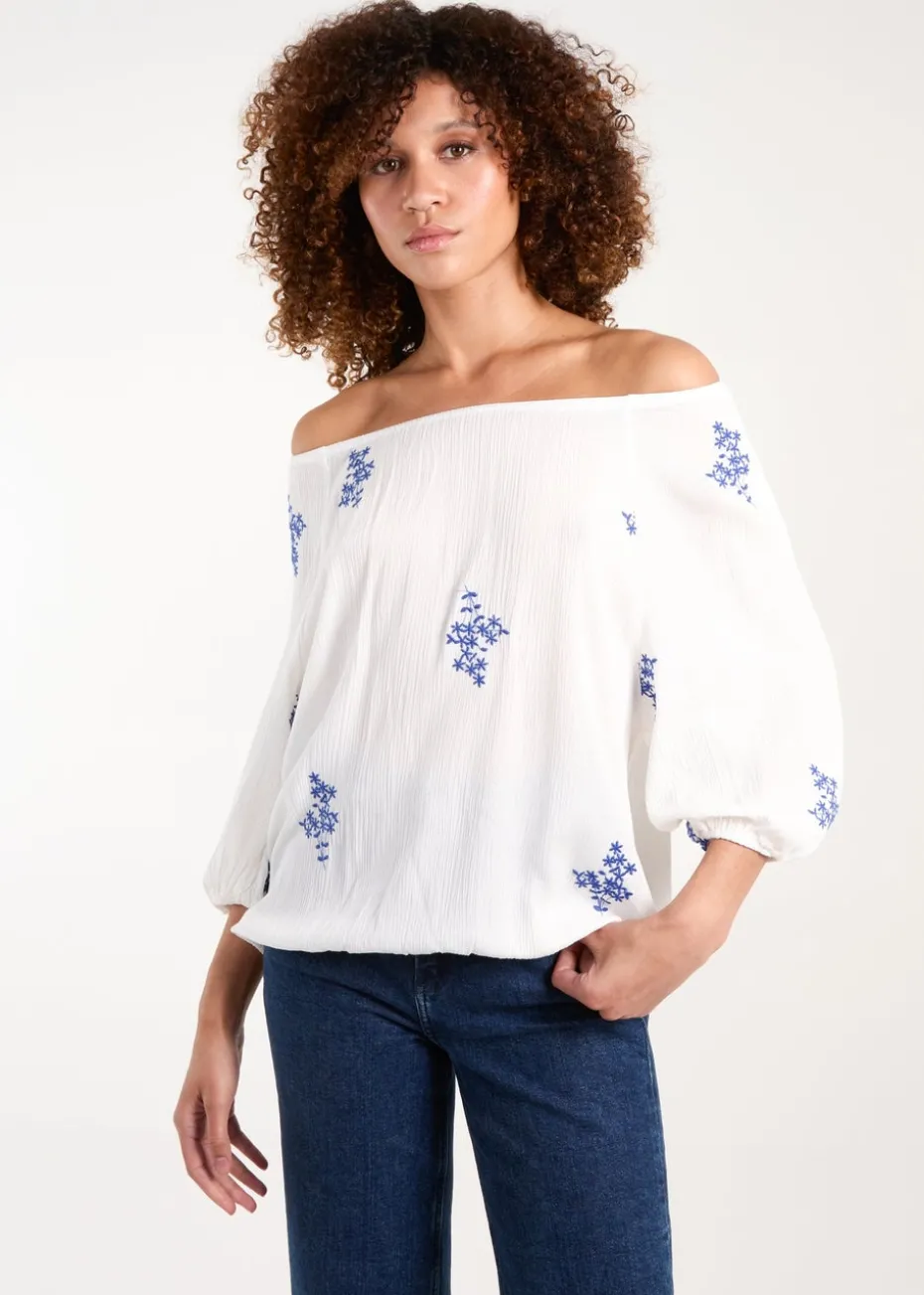 Blue Vanilla White Embroidered Puffball Top