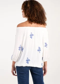 Blue Vanilla White Embroidered Puffball Top