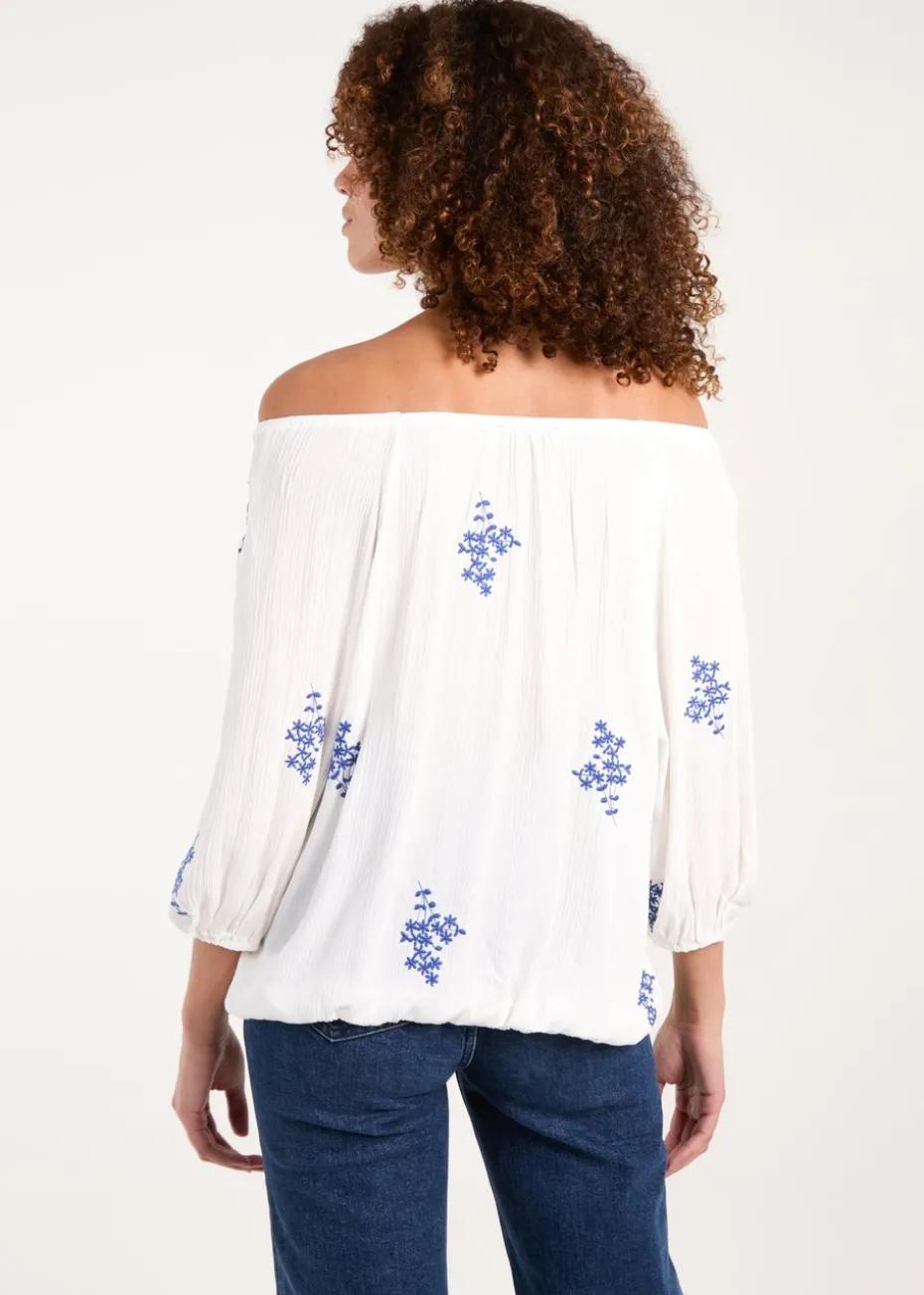 Blue Vanilla White Embroidered Puffball Top