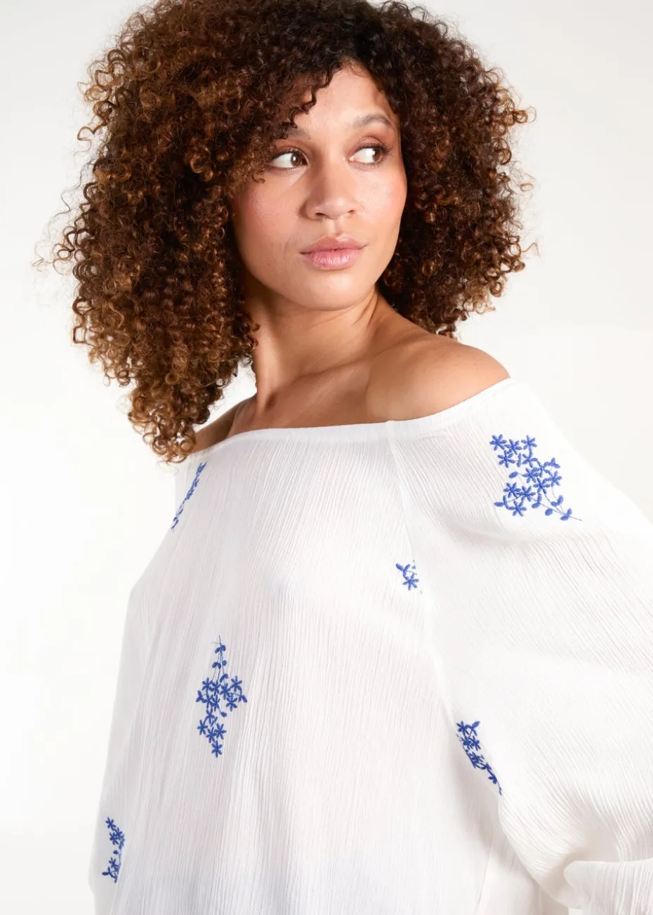 Blue Vanilla White Embroidered Puffball Top