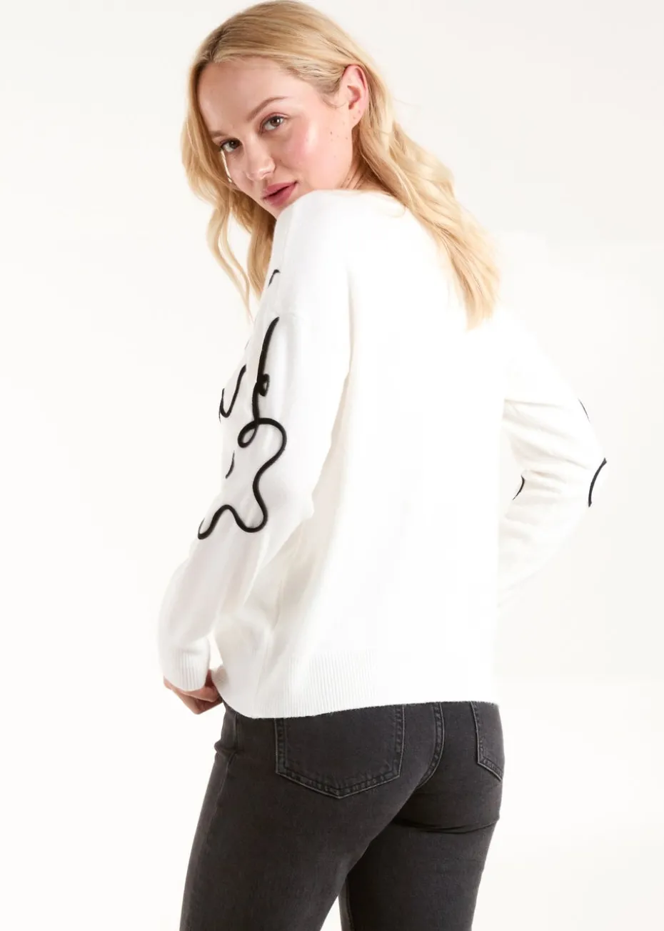 Blue Vanilla White Floral Pattern Sweater