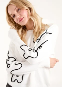 Blue Vanilla White Floral Pattern Sweater