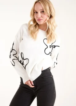 Blue Vanilla White Floral Pattern Sweater