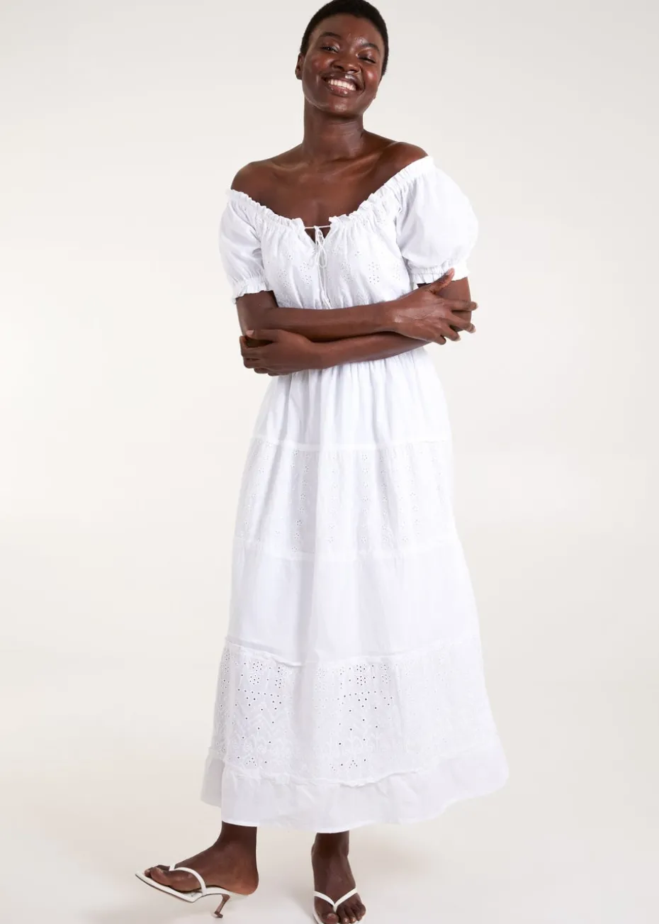 Blue Vanilla White Milkmaid Broderie Tiered Maxi Dress