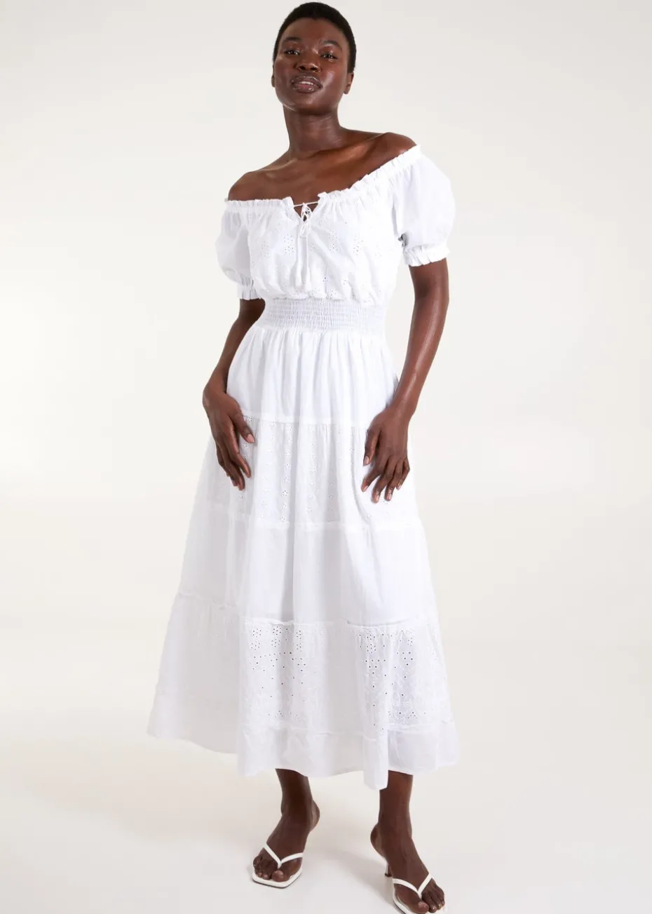 Blue Vanilla White Milkmaid Broderie Tiered Maxi Dress