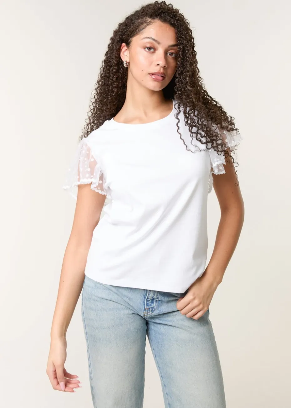 Blue Vanilla White Polka Dot Mesh Sleeve T-shirt