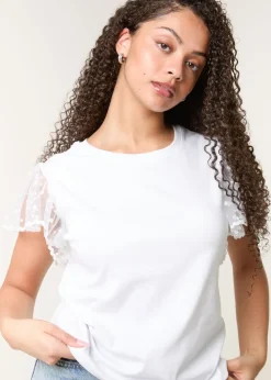 Blue Vanilla White Polka Dot Mesh Sleeve T-shirt