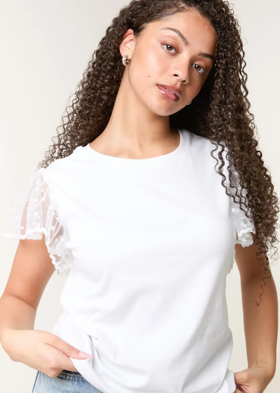 Blue Vanilla White Polka Dot Mesh Sleeve T-shirt