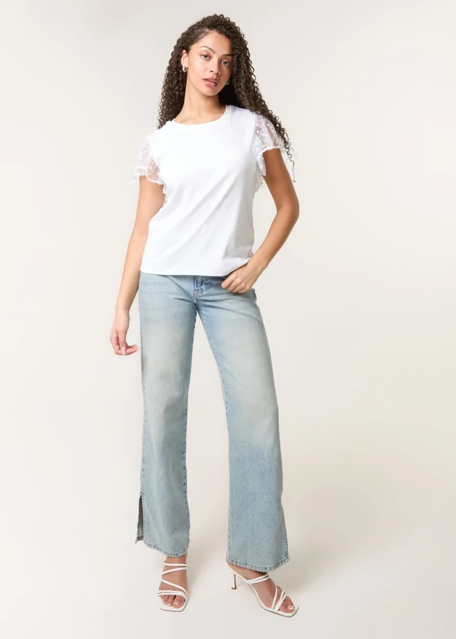 Blue Vanilla White Polka Dot Mesh Sleeve T-shirt