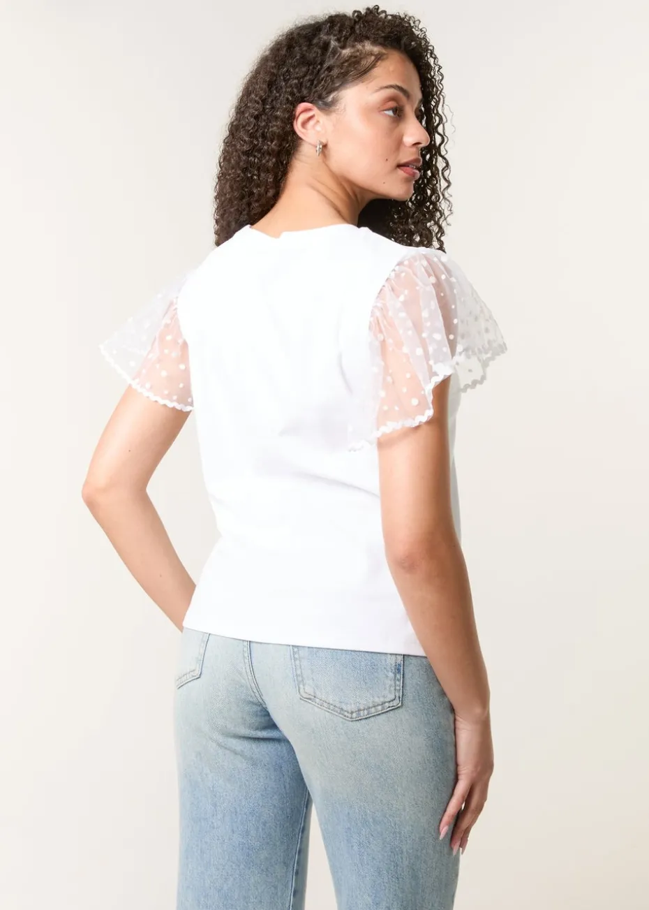 Blue Vanilla White Polka Dot Mesh Sleeve T-shirt