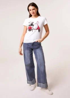 Blue Vanilla White Printed Cat T-Shirt