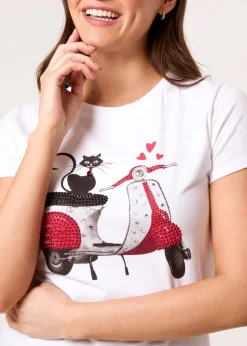 Blue Vanilla White Printed Cat T-Shirt