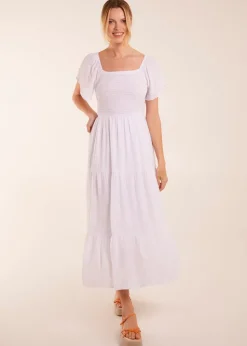 Blue Vanilla White Square Neck Flutter Sleeve Dress