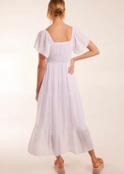 Blue Vanilla White Square Neck Flutter Sleeve Dress