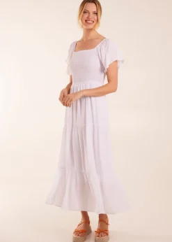 Blue Vanilla White Square Neck Flutter Sleeve Dress