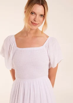 Blue Vanilla White Square Neck Flutter Sleeve Dress