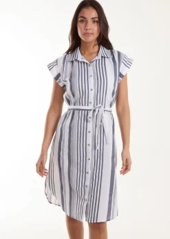 Blue Vanilla White Stripe Button Front Shirt Dress