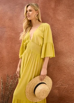 Blue Vanilla Yellow Shirred Empire Bust Dress