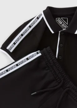 Boys Black Taped Polo & Shorts Set (7-15yrs)
