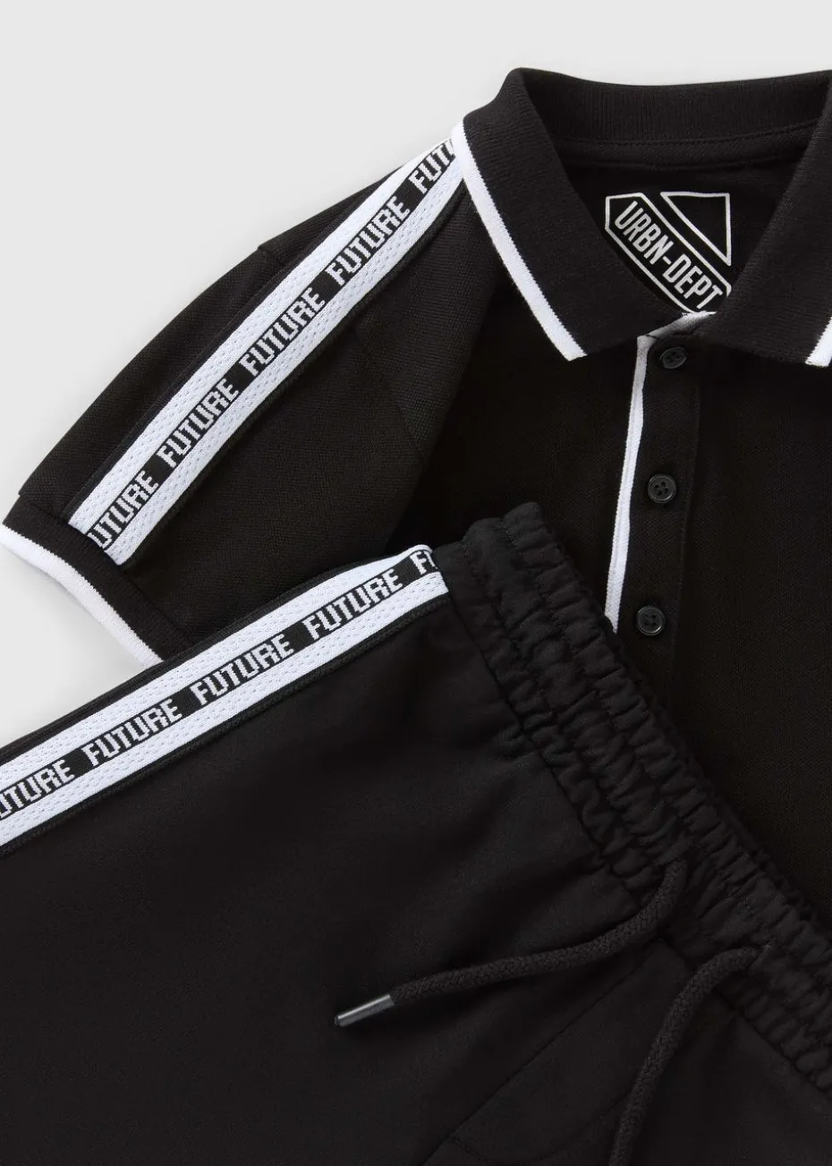 Boys Black Taped Polo & Shorts Set (7-15yrs)