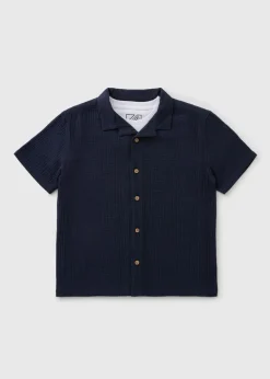 Boys Navy Textured Shirt & T-Shirt Set (7-15yrs)