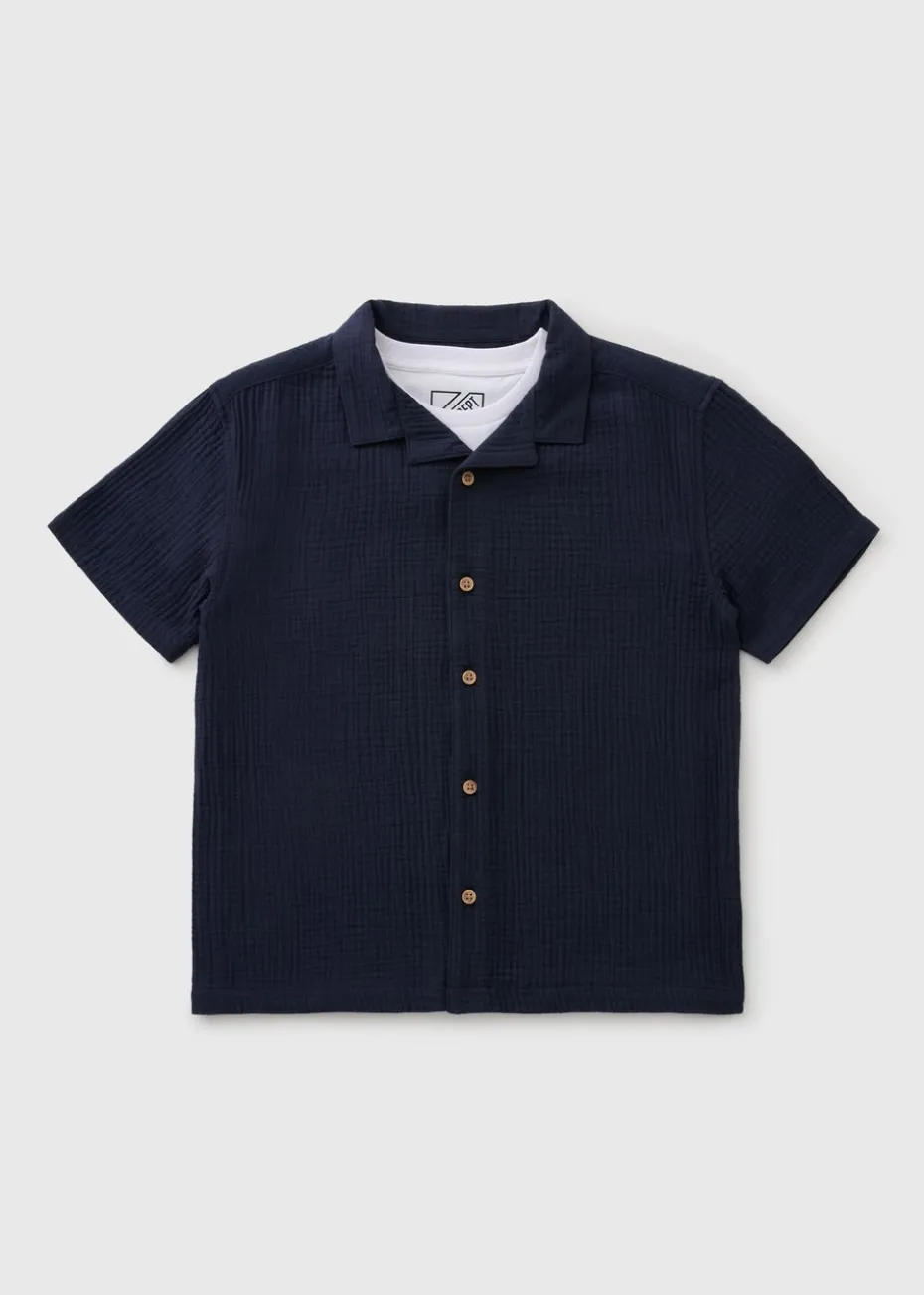 Boys Navy Textured Shirt & T-Shirt Set (7-15yrs)