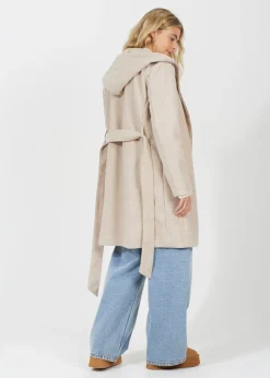 Brave Soul Beige Longline Hooded Coat with Belt