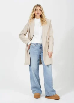 Brave Soul Beige Longline Hooded Coat with Belt