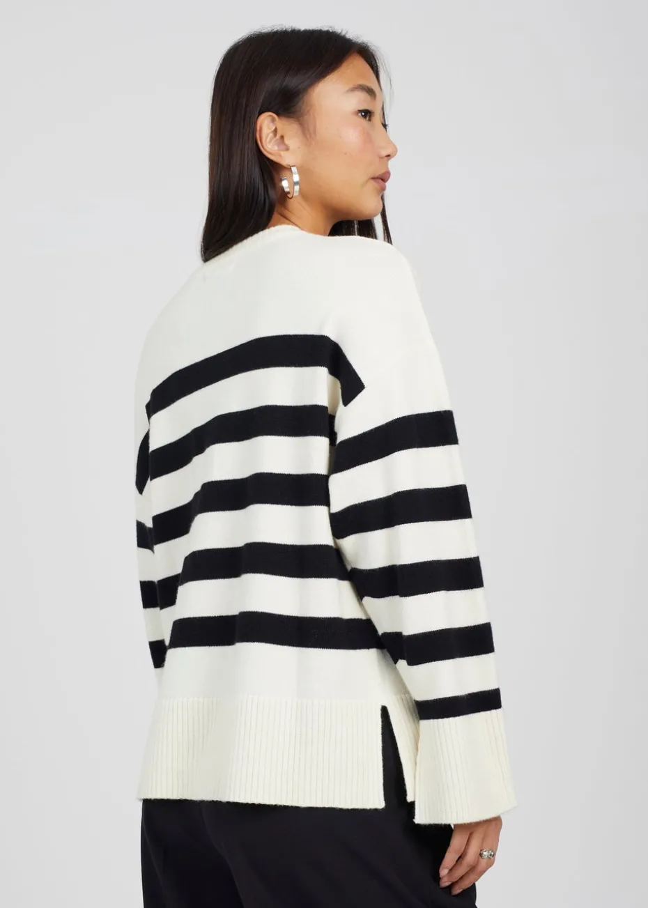 Brave Soul Black & Ivory Striped Loose Fit Jumper with Wide Sleeves
